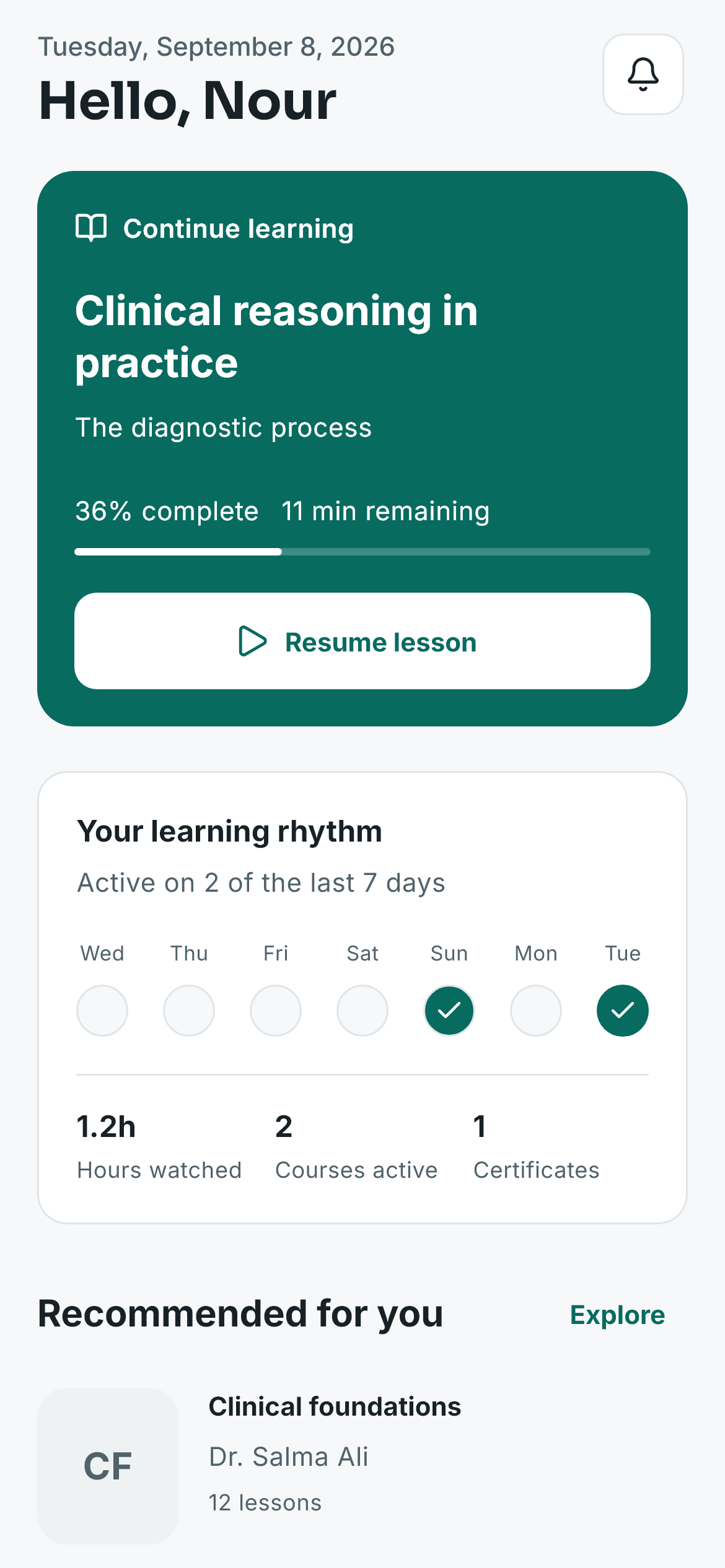 Current Maharo Home with Resume lesson, learning activity, and recommendations. Example data.