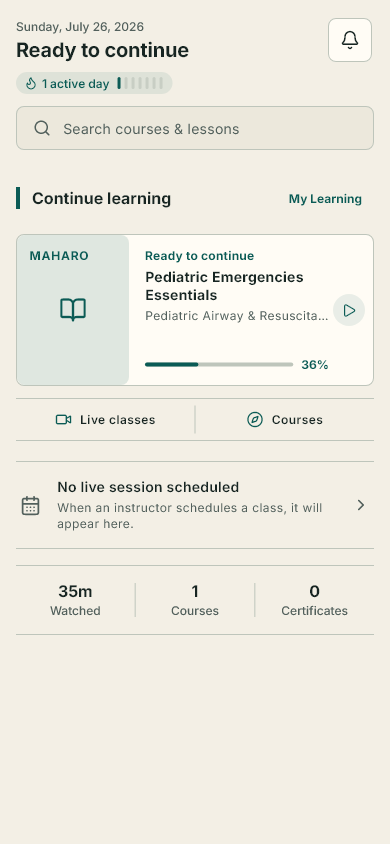 Maharo Android home showing Pediatric Emergencies Essentials at 36 percent course progress