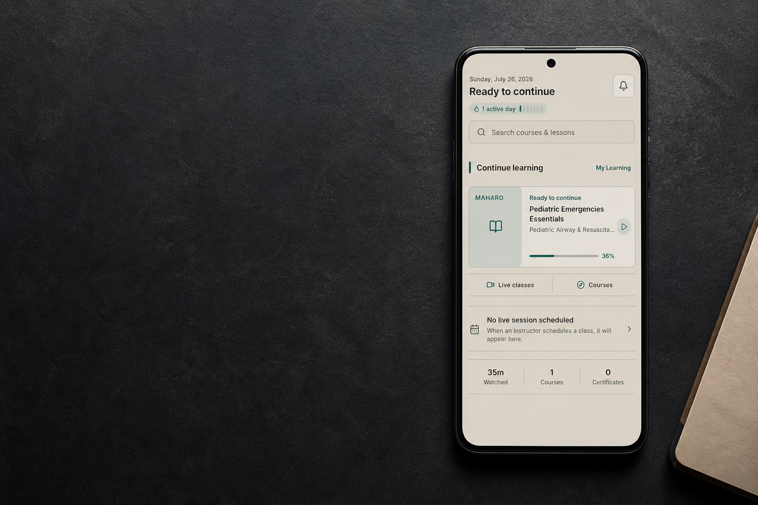 Maharo Android app open to the course continuation screen